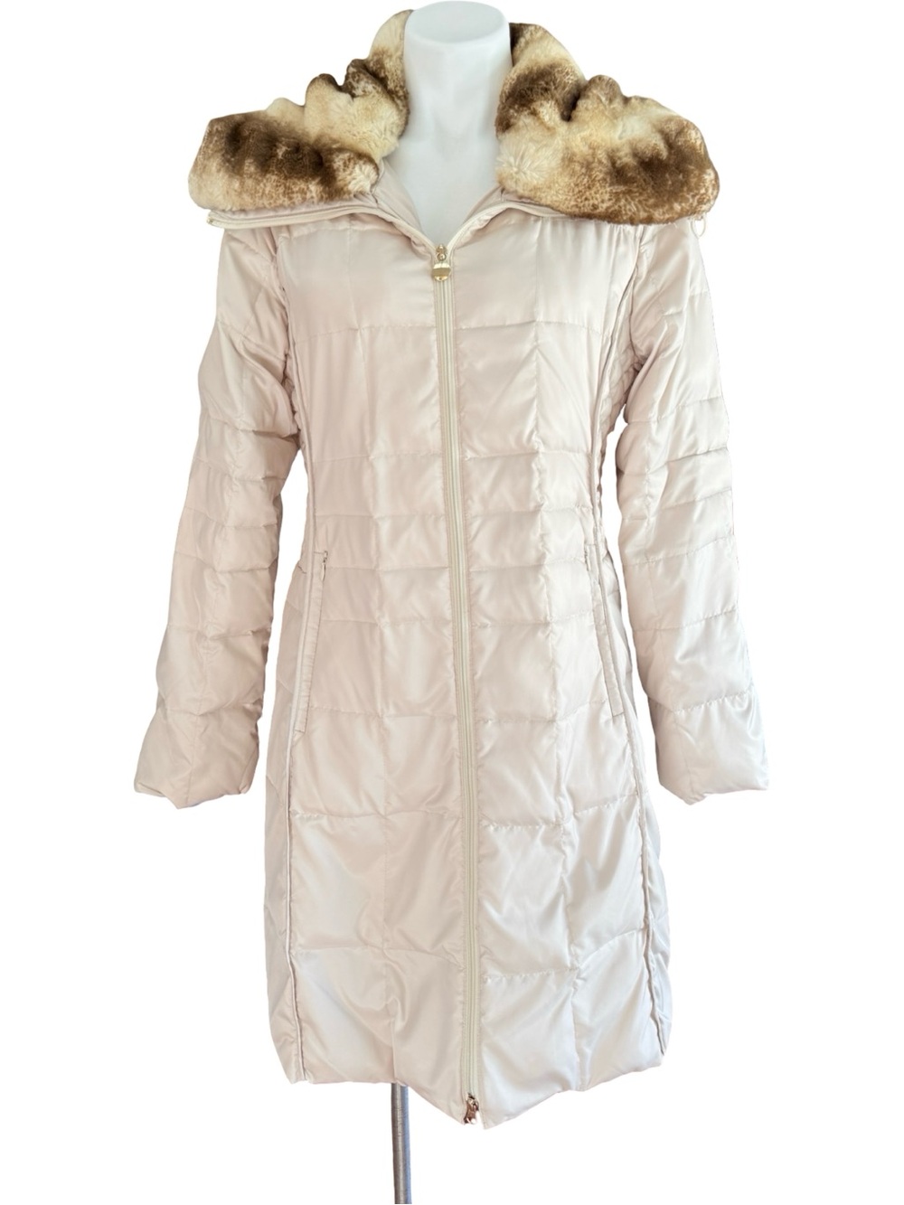 Women's Light Pink Quilted Mid-Length Coat with Faux Fur Collar